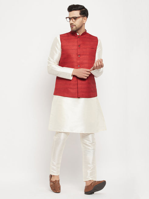 Vastramay Men's Maroon Matka Silk Nehru Jacket With Cream Silk Blend Kurta and Pant style Pyjama Set